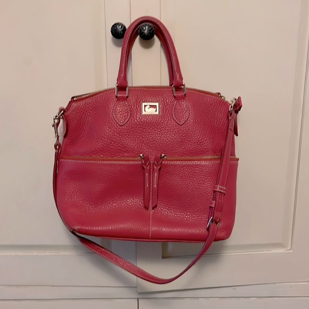 Dooney & Burke strawberry pink satchel.  Gold detail.  Late 1990